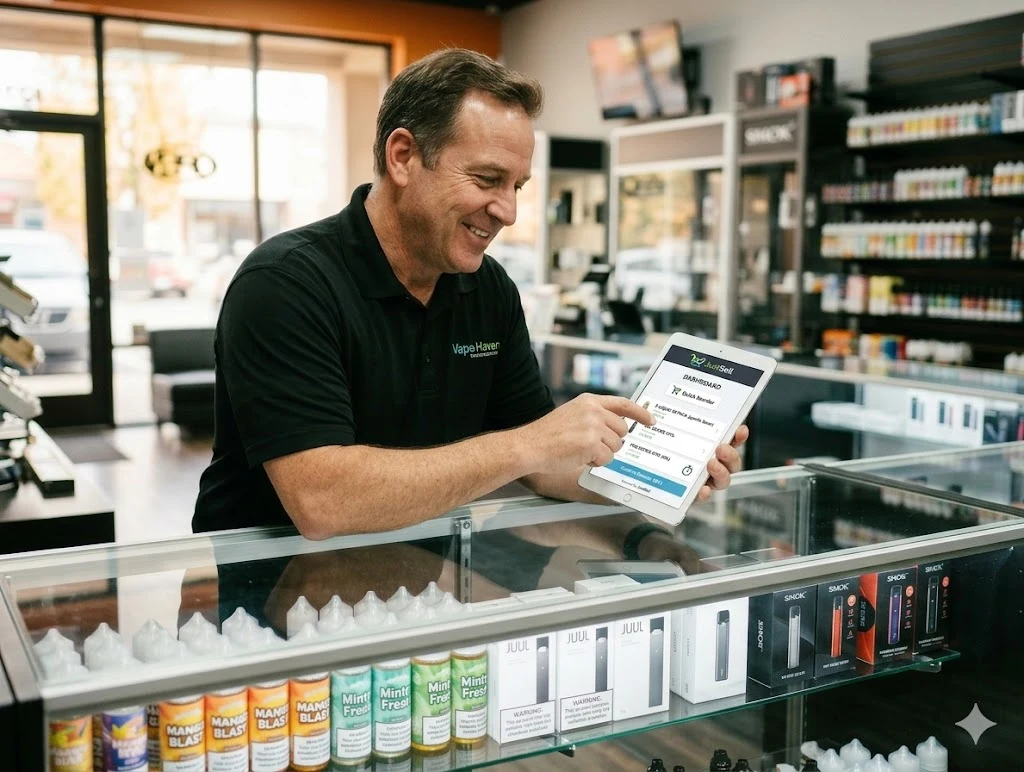 A shop owner placing an order on a tablet behind a vape shop counter