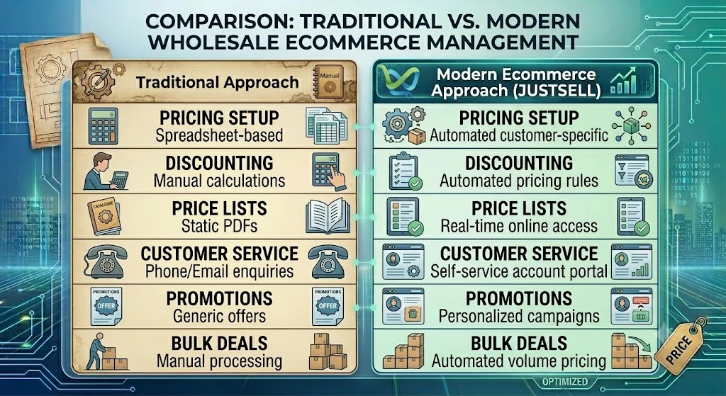 Spreadsheet pricing and manual processing set against automated rules, live price lists and volume pricing