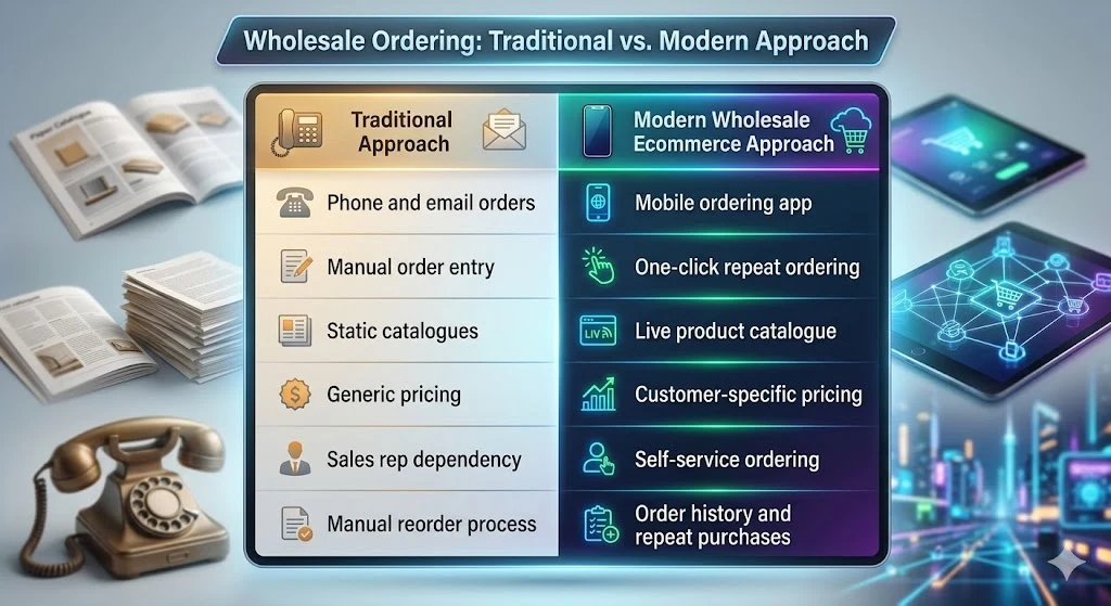 Phone orders and paper catalogues set against a mobile ordering app with one-click repeat ordering