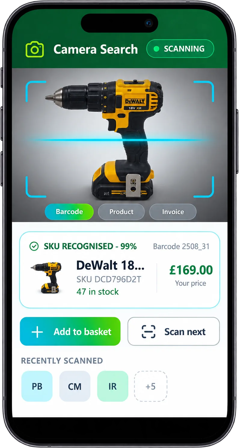 JustSell customer ordering app camera search scanning a DeWalt cordless drill, recognising the SKU with 99% confidence at the customer's price of GBP 169.00 with 47 in stock, ready to add to basket