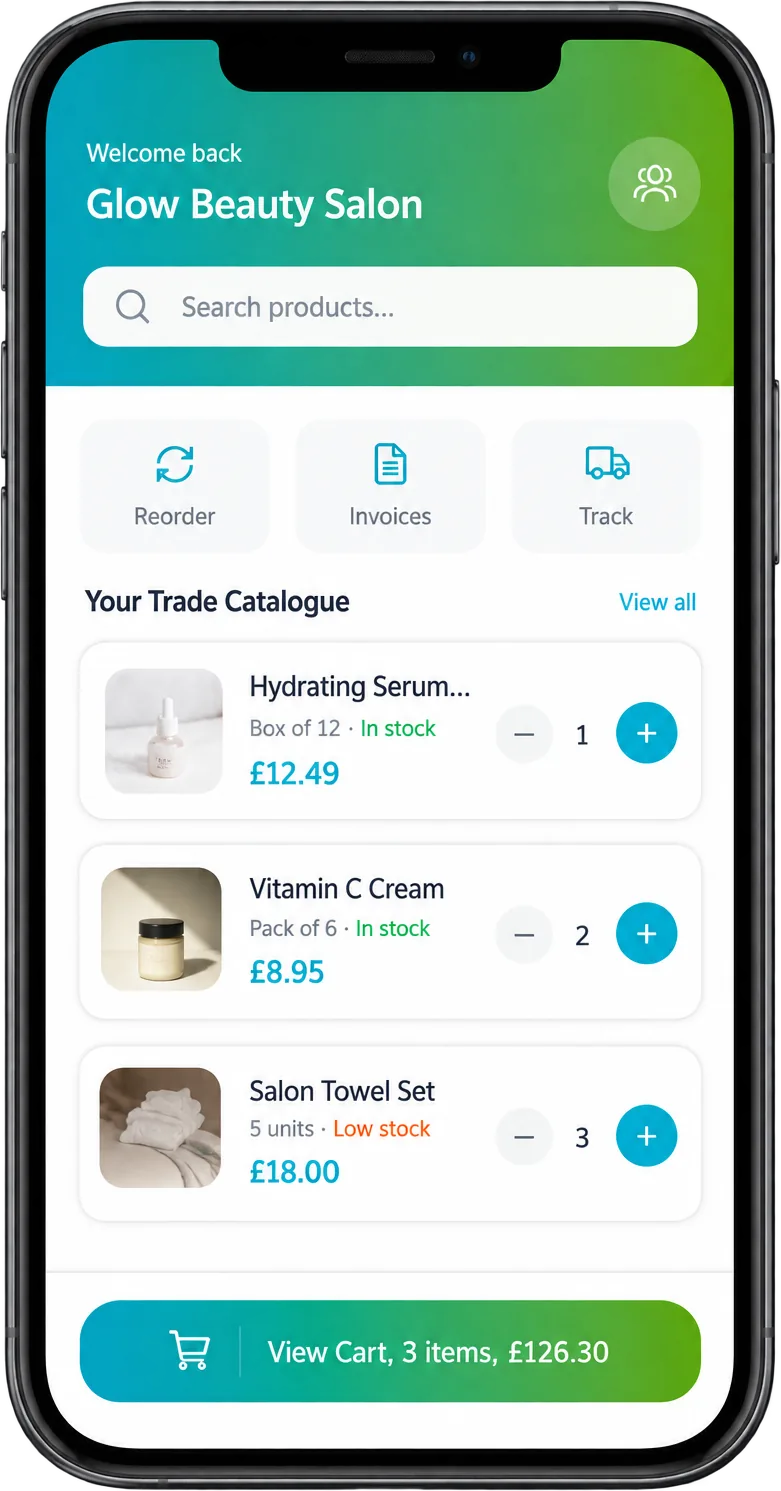 Branded JustSell customer ordering app on a phone, showing the Glow Beauty Salon trade catalogue with reorder, invoices and track shortcuts, live stock labels, and a basket of 3 items totalling GBP 128.30