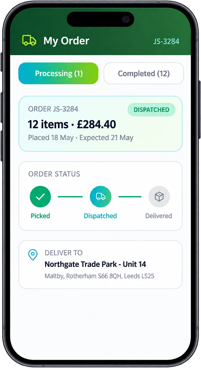 JustSell customer ordering app tracking order JS-3284, 12 items at GBP 284.40, showing the picked, dispatched and delivered stages with the delivery address and customer notes