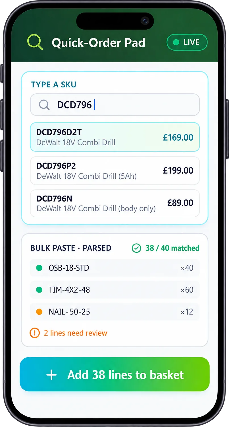 JustSell customer ordering app quick-order pad with SKU type-ahead showing three DeWalt drill variants and their prices, and a bulk paste that matched 38 of 40 lines ready to add to the basket