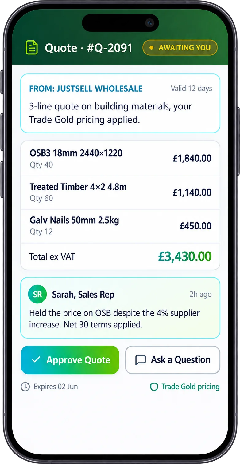JustSell customer ordering app showing quote Q-2091 awaiting the customer, with three priced building-material lines totalling GBP 3,430 ex VAT, a note from the sales rep, and Approve Quote and Ask a Question buttons