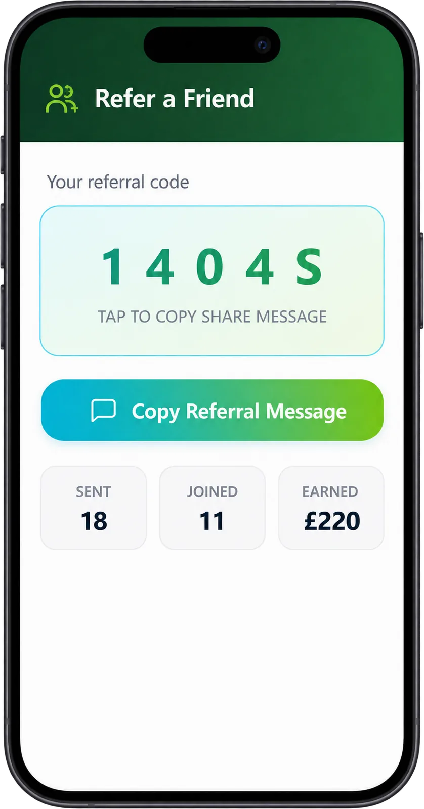 JustSell customer ordering app referral screen showing a customer's unique referral code with a one-tap copy button, and totals of 18 invites sent, 11 joined and GBP 220 earned