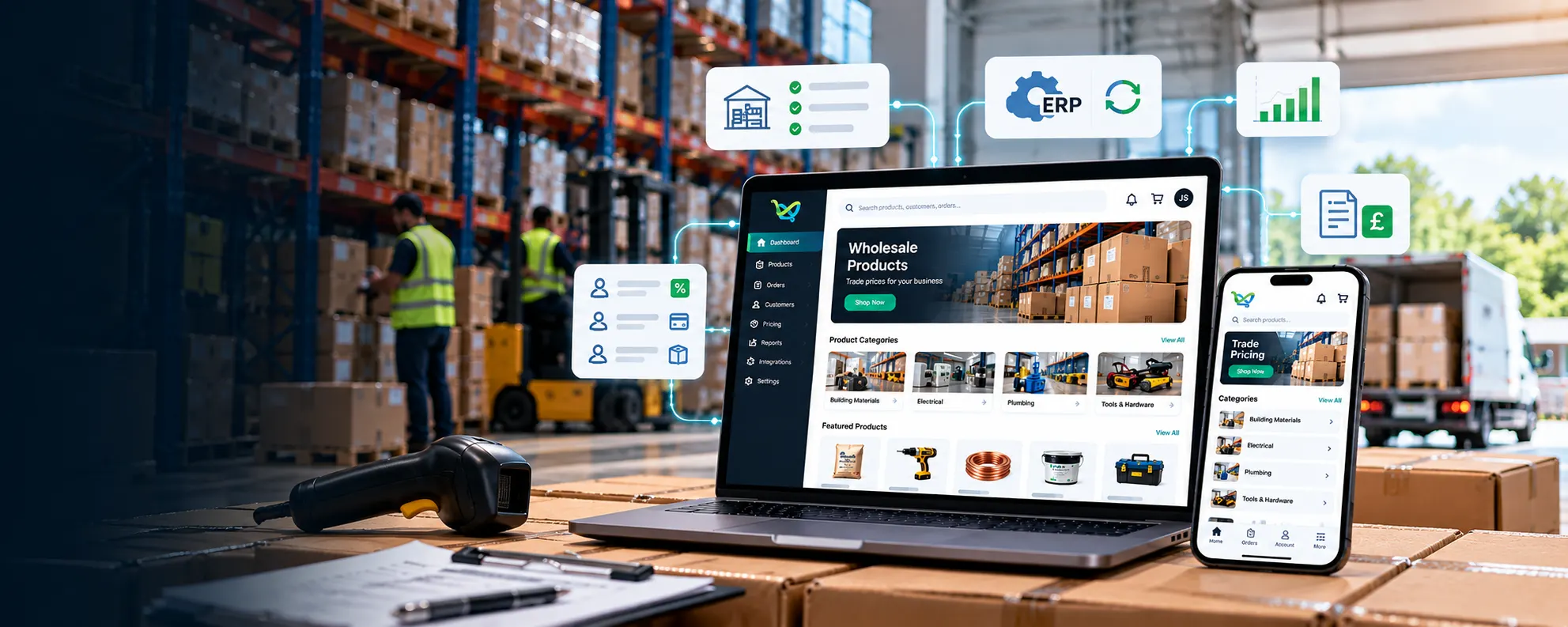 A JustSell trade portal open on a laptop and a phone on a pallet of boxes in a distribution warehouse, with pickers and a forklift working the racking behind and a delivery van at the loading door