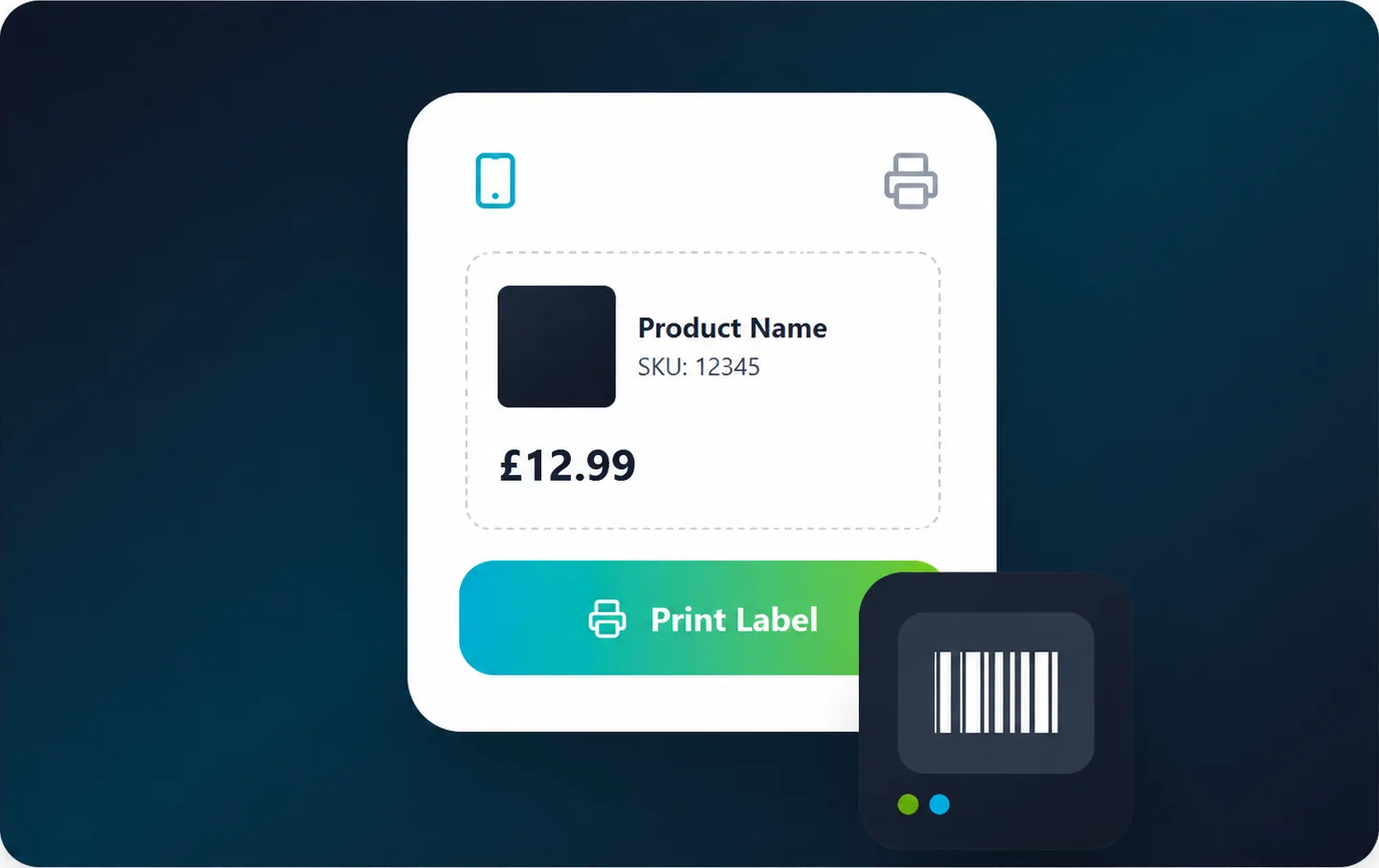 JustSell EPoS label printing screen with a product, SKU and price ready to send to a portable barcode label printer