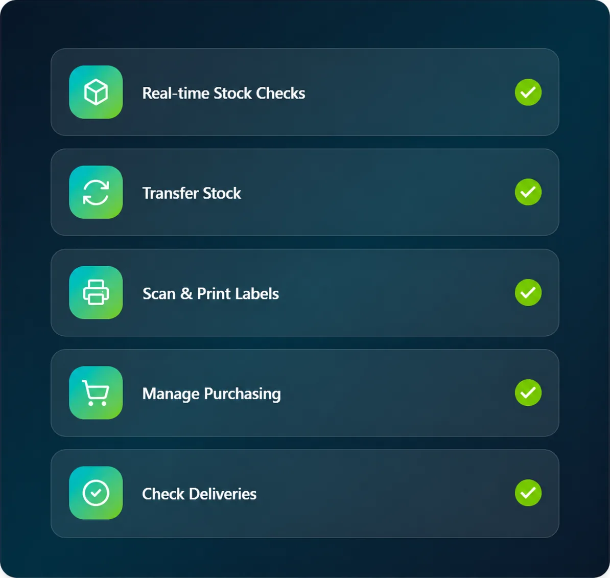 JustSell EPoS mobile app features: real-time stock checks, stock transfers, scan and print labels, purchasing and delivery checks