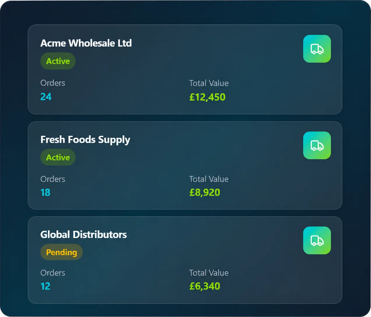 JustSell EPoS supplier list showing three wholesale suppliers with their status, order counts and total order value