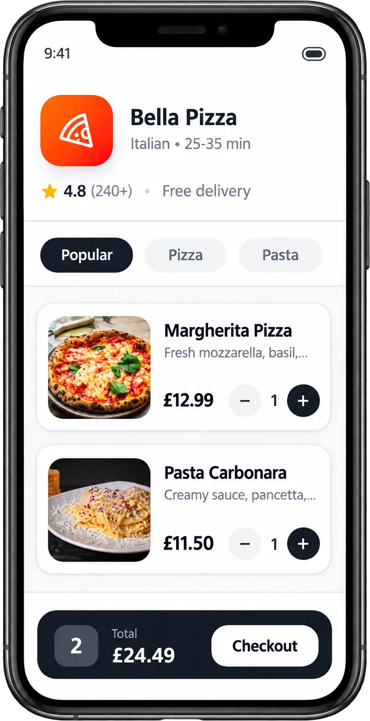 Branded JustSell food ordering app on a phone, showing the Bella Pizza storefront rated 4.8 with free delivery, a Margherita Pizza at GBP 12.99 and Pasta Carbonara at GBP 11.50 in the basket, and a GBP 24.49 checkout total
