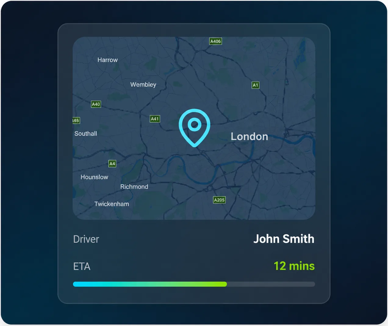 JustSell live delivery tracking on a map of London, showing the driver John Smith with a 12 minute ETA and a progress bar for the journey