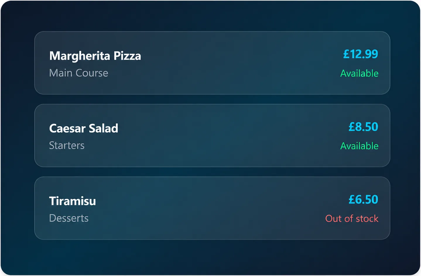 JustSell menu manager showing live item availability: Margherita Pizza at GBP 12.99 and Caesar Salad at GBP 8.50 available, and Tiramisu at GBP 6.50 marked out of stock