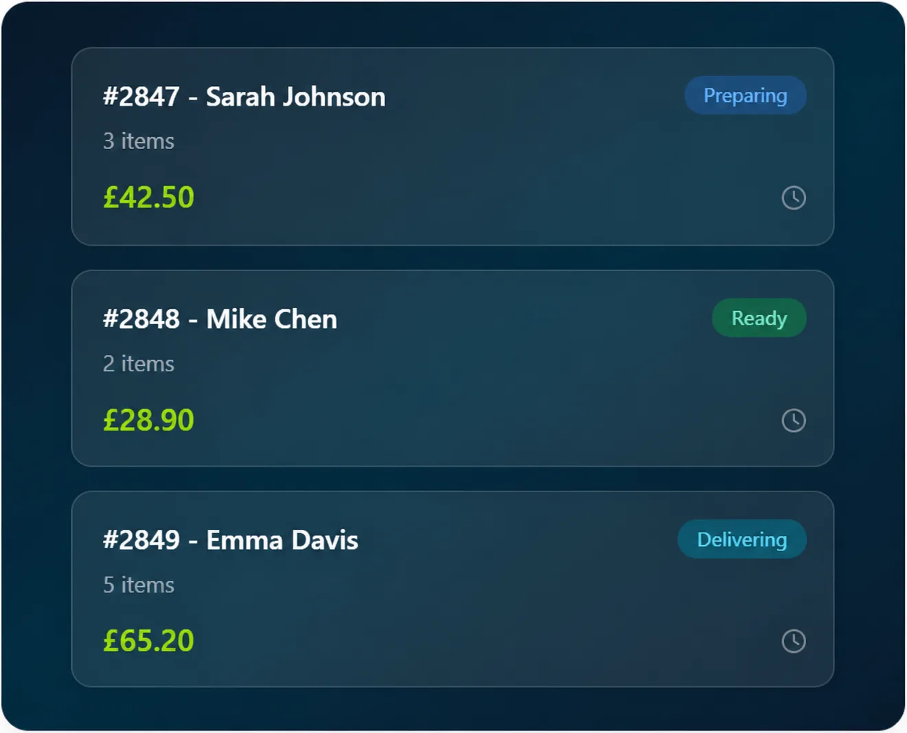 JustSell live order queue for a restaurant, showing three orders with their status: one preparing at GBP 42.50, one ready at GBP 28.90 and one out for delivery at GBP 65.20