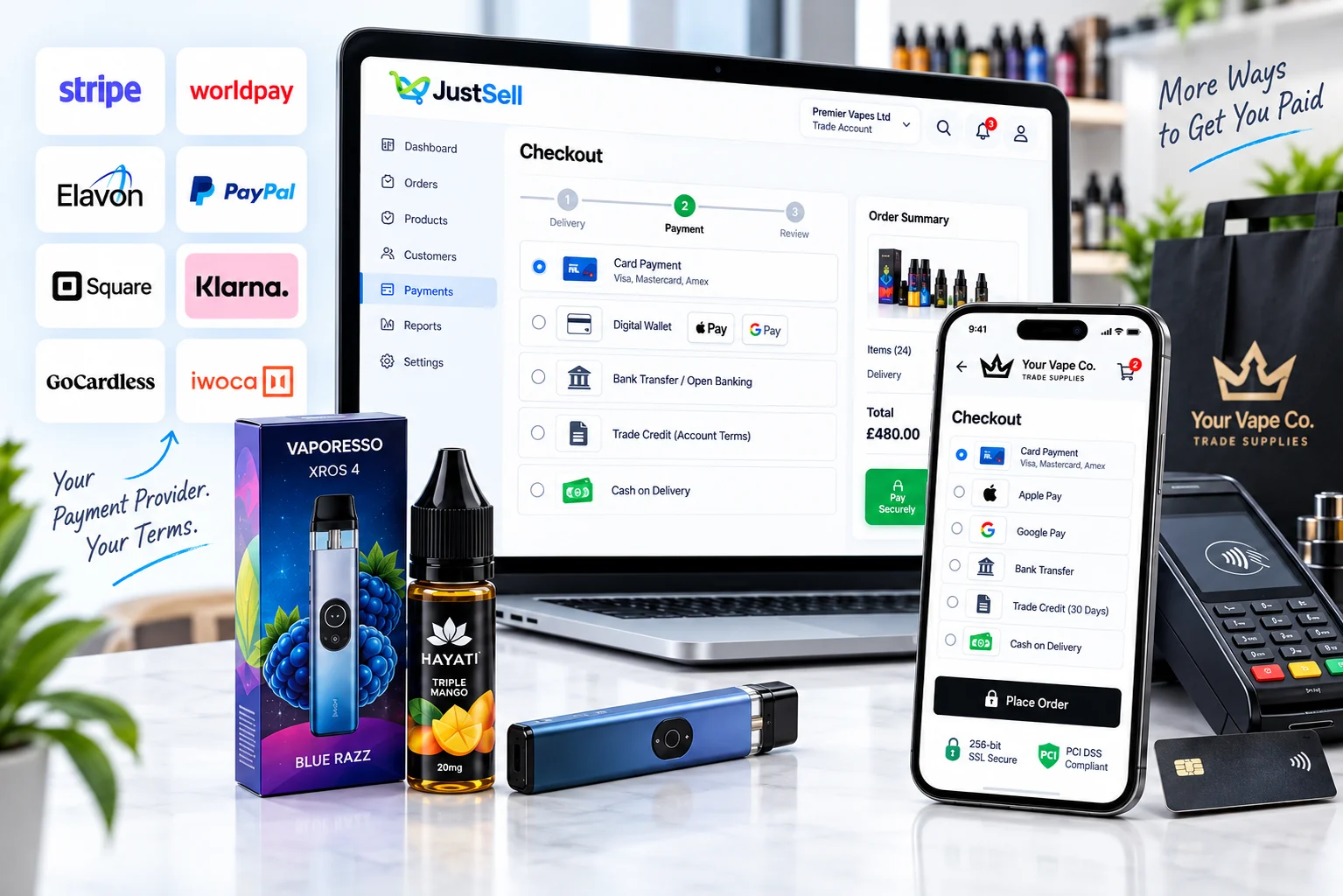 JustSell checkout offering card payment, digital wallet, bank transfer and open banking, trade credit terms and cash on delivery, beside a range of payment providers