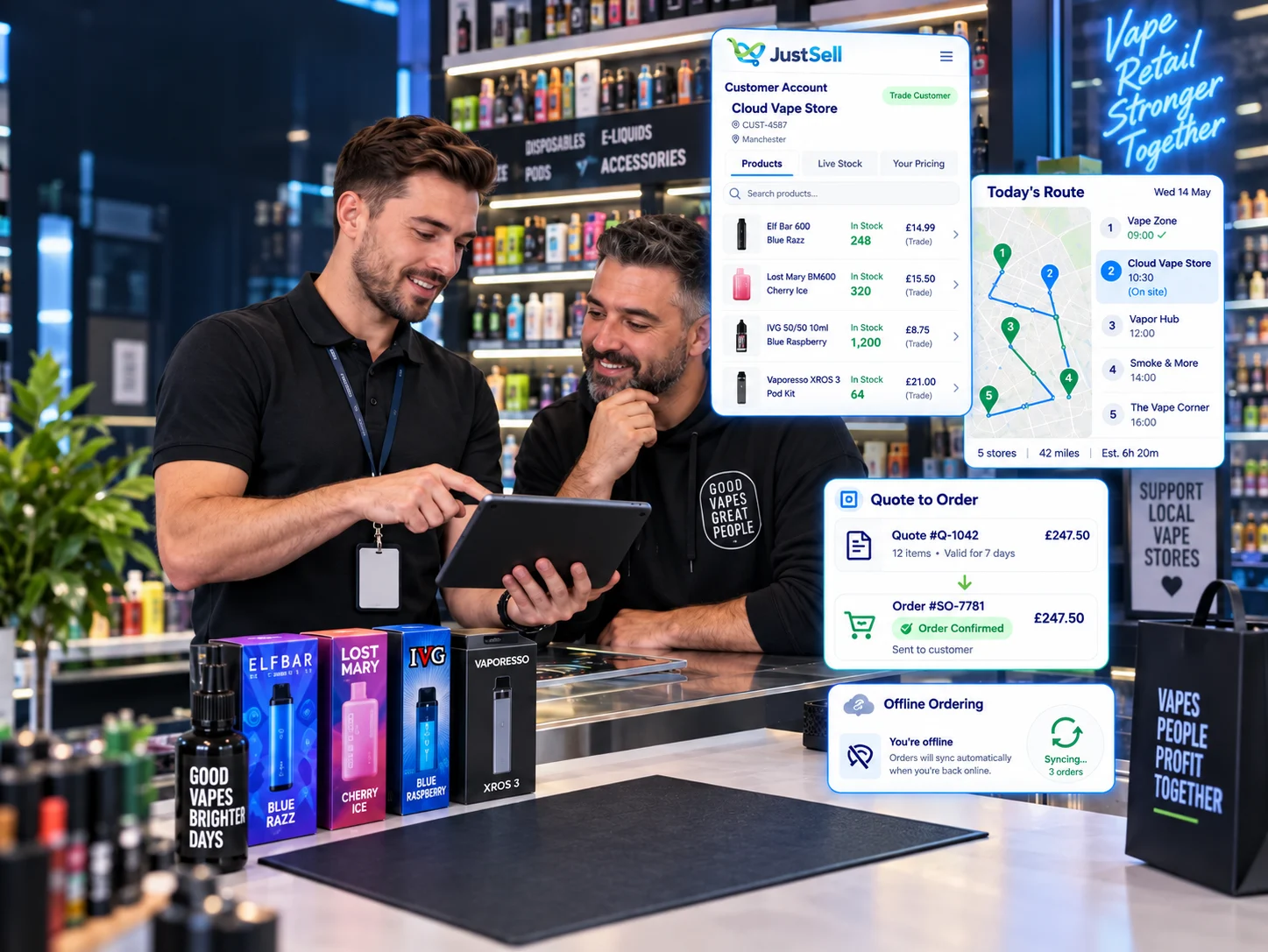 A JustSell sales rep showing a vape shop owner their account on a tablet, with live stock and trade pricing per product, the day’s route across five stores, a quote converted into a confirmed order, and offline ordering syncing