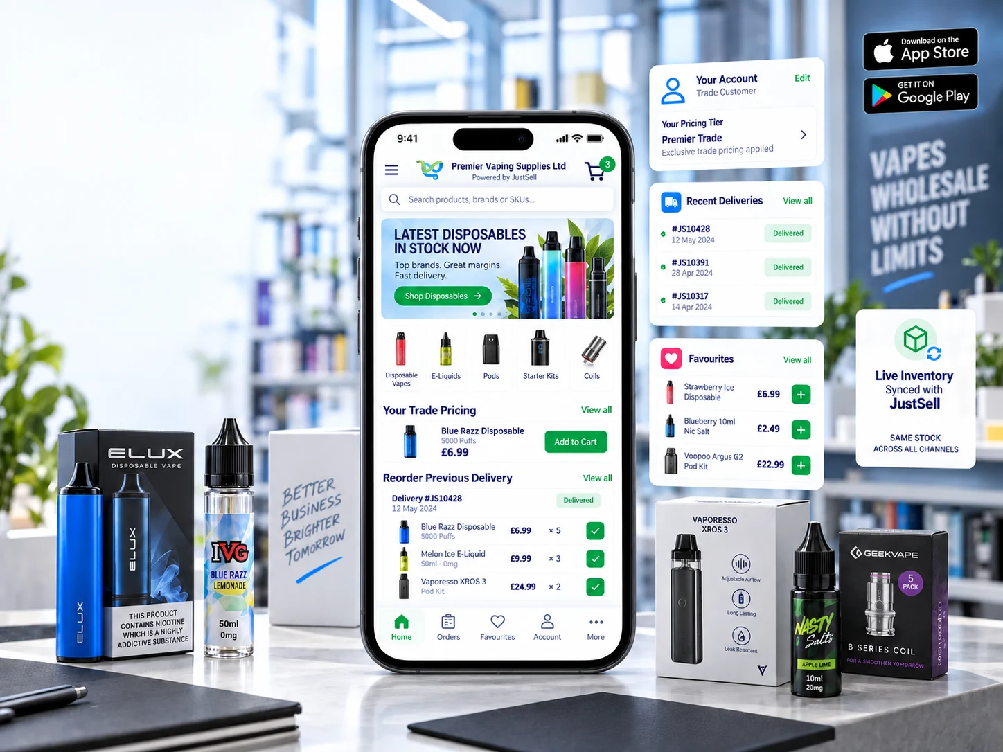 Branded JustSell trade ordering app on a phone for a vape wholesaler, showing the buyer’s own trade pricing, a reorder-previous-delivery list, recent deliveries, favourites, and App Store and Google Play badges