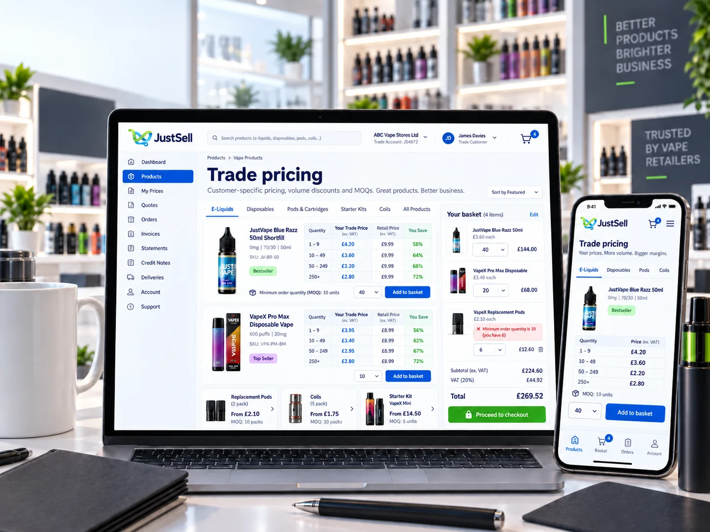 JustSell trade pricing on a laptop and phone, showing each account its own trade price against retail at 1 to 9, 10 to 49, 50 to 249 and 250 plus quantity breaks, with minimum order quantities and a trade basket