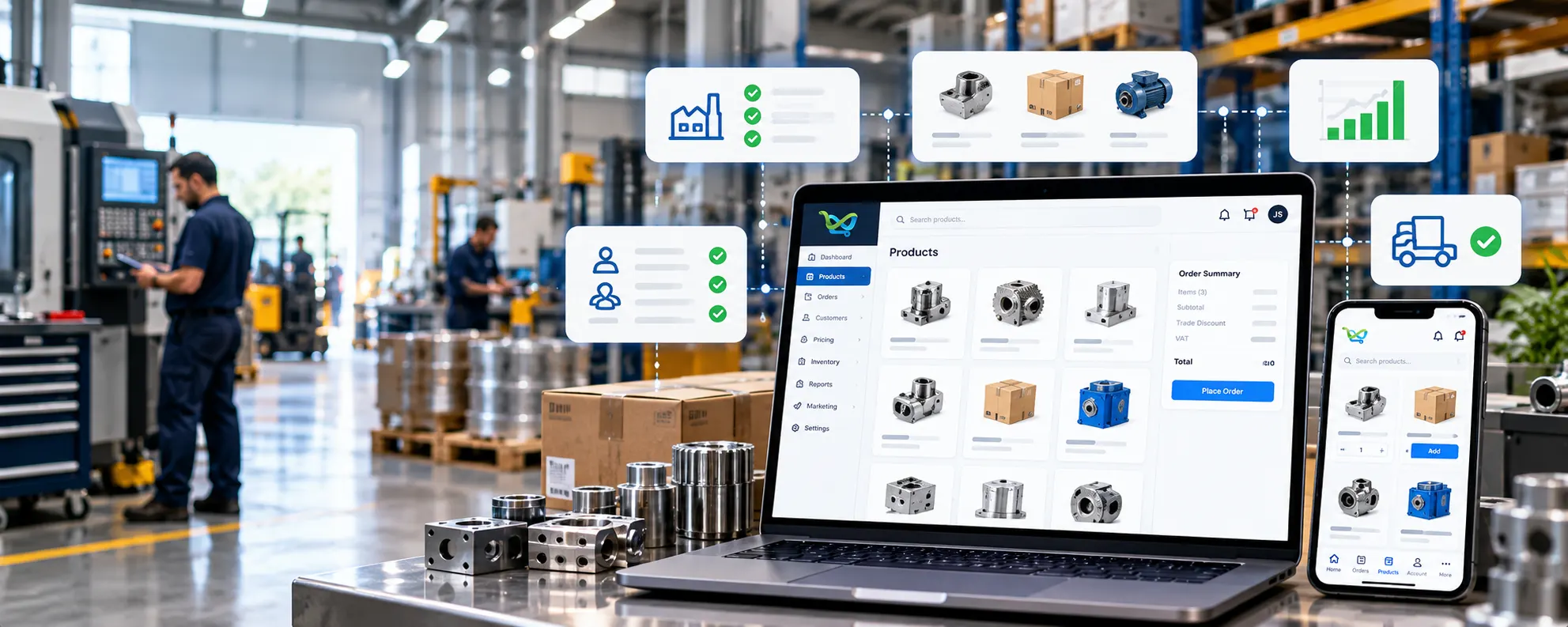 A JustSell trade catalogue of machined components open on a laptop and a phone on a bench in a machine shop, with an order summary showing trade discount and VAT, and CNC machines and an engineer working behind