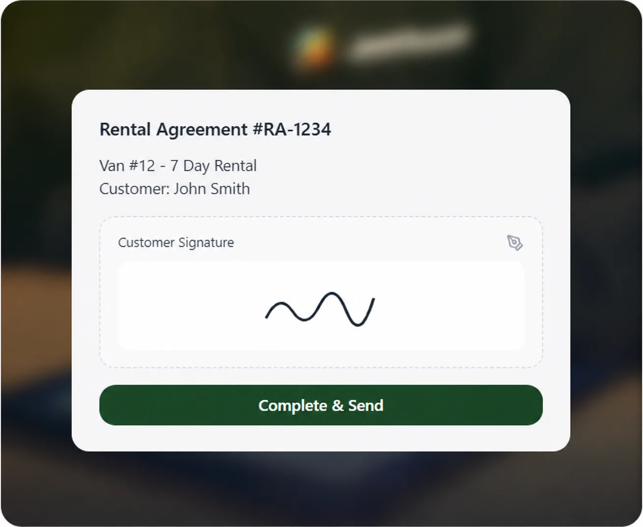 Digital rental agreement signed on a tablet in JustSell, showing a captured customer signature and a Complete and Send button