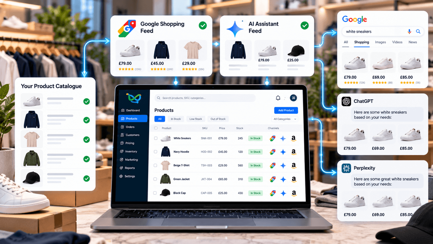 One product catalogue on a laptop feeding a Google Shopping feed and a separate AI assistant feed, with the same products and prices then appearing in Google Shopping results and in answers from ChatGPT and Perplexity