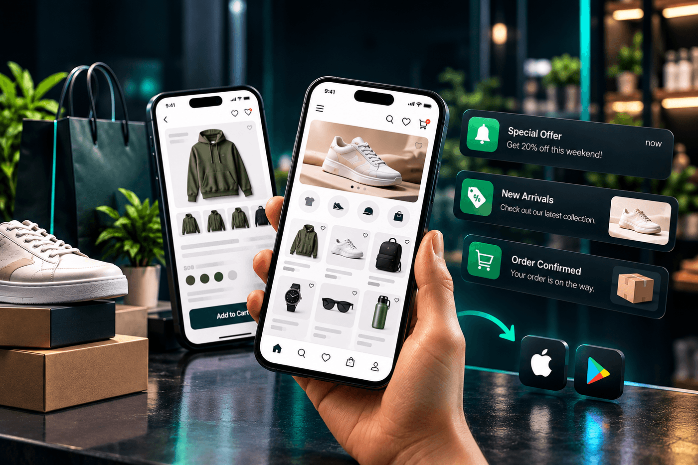A branded JustSell customer ordering app on two phones, one showing a product grid and one a product page, with push notifications for a special offer, new arrivals and an order confirmation beside the App Store and Google Play icons