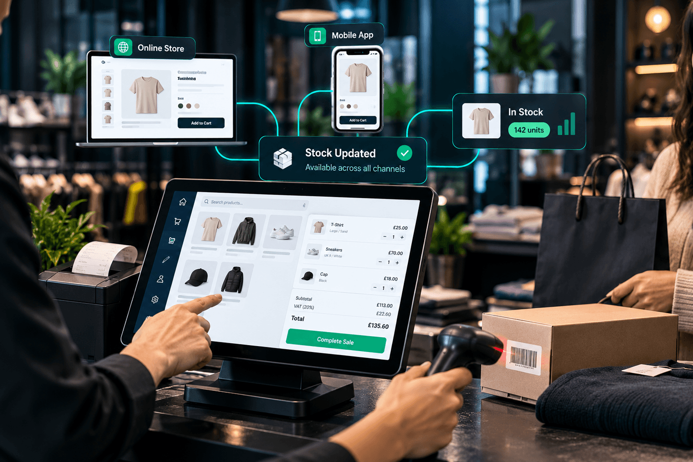 A JustSell EPOS till in a retail shop with a basket being totalled at the counter, a barcode scanner and receipt printer, and floating panels showing the same product on the online store and mobile app with stock updated across every channel