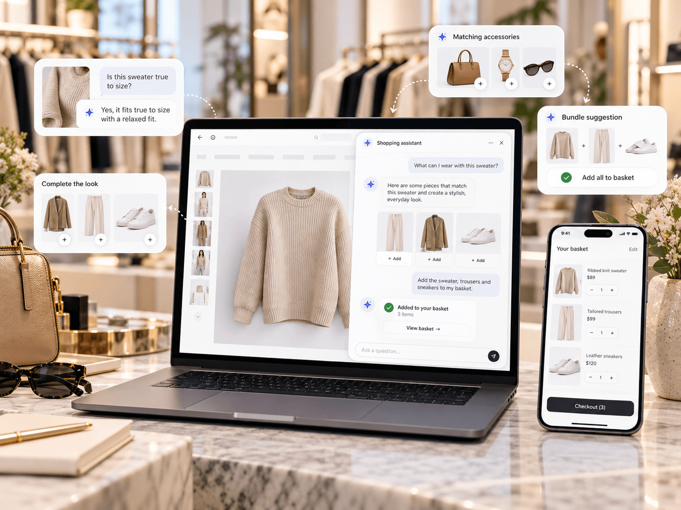 A shopping assistant open beside a knitwear product page on a laptop, answering what to wear with the sweater and adding the trousers, jacket and trainers to the basket, with sizing, matching accessories and bundle panels around it and the basket on a phone