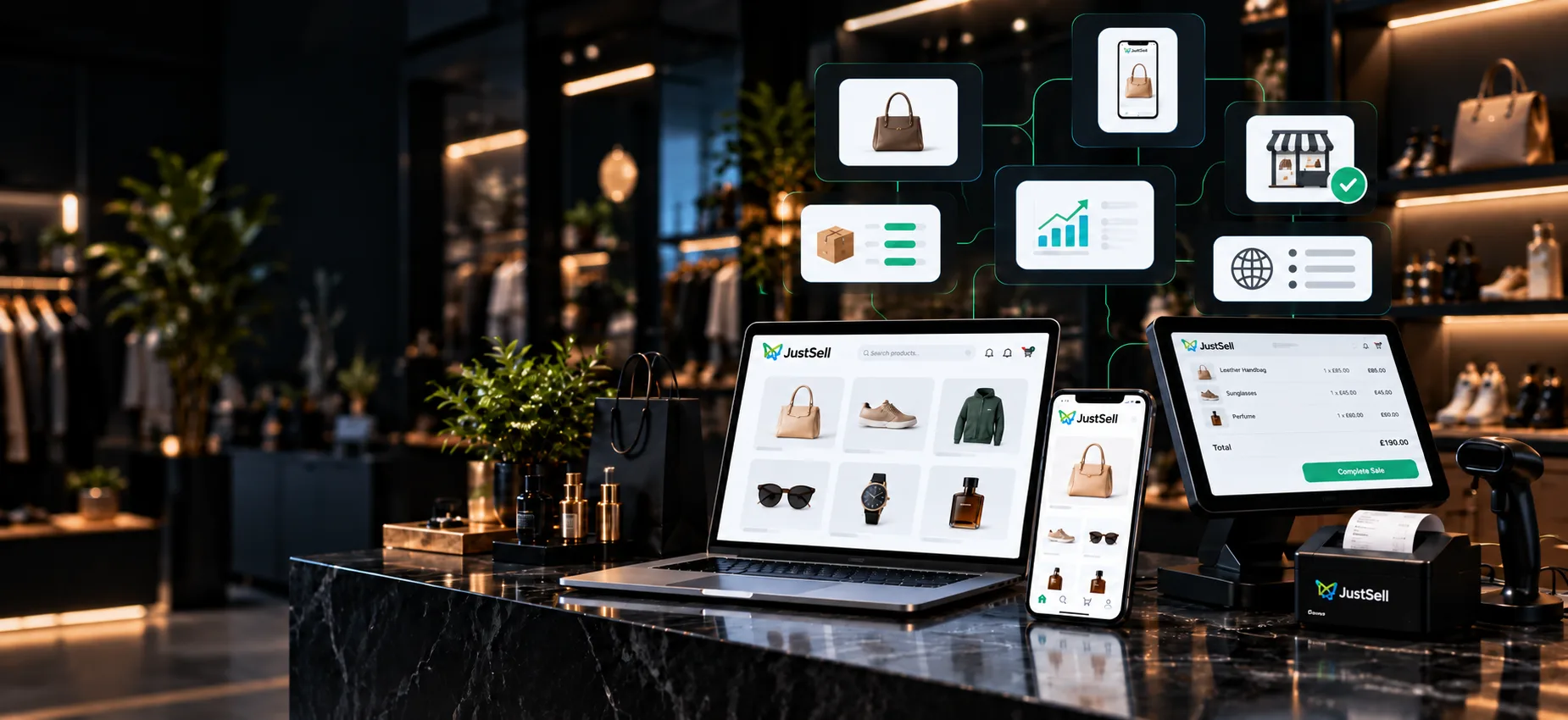 A JustSell storefront open on a laptop, a branded customer app on a phone and an EPOS till totalling a sale on the counter of a boutique, with connected panels above for the product, the app, the shop front, fulfilment, analytics and the web, and rails of clothing behind