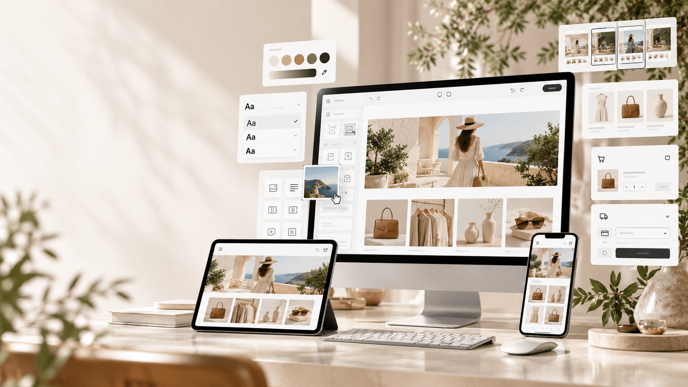 A JustSell storefront being customised across a desktop monitor, tablet and phone on a bright desk, with floating panels for colour palette, typography and layout blocks beside a live preview of the product grid, cart and checkout