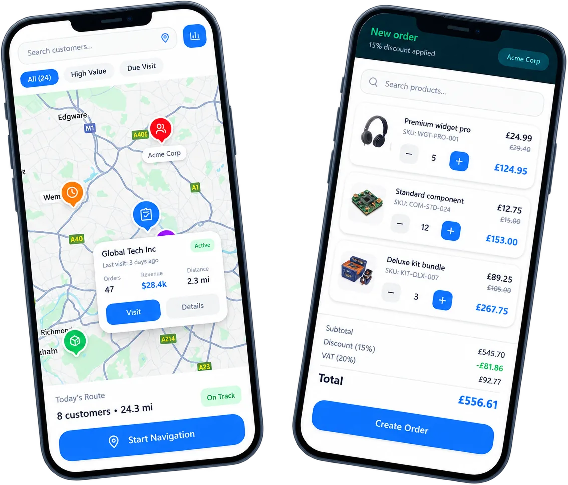 Two phones running the JustSell sales rep app: a customer map with today's route, and a new order for Acme Corp with a 15% discount and a GBP 556.61 total