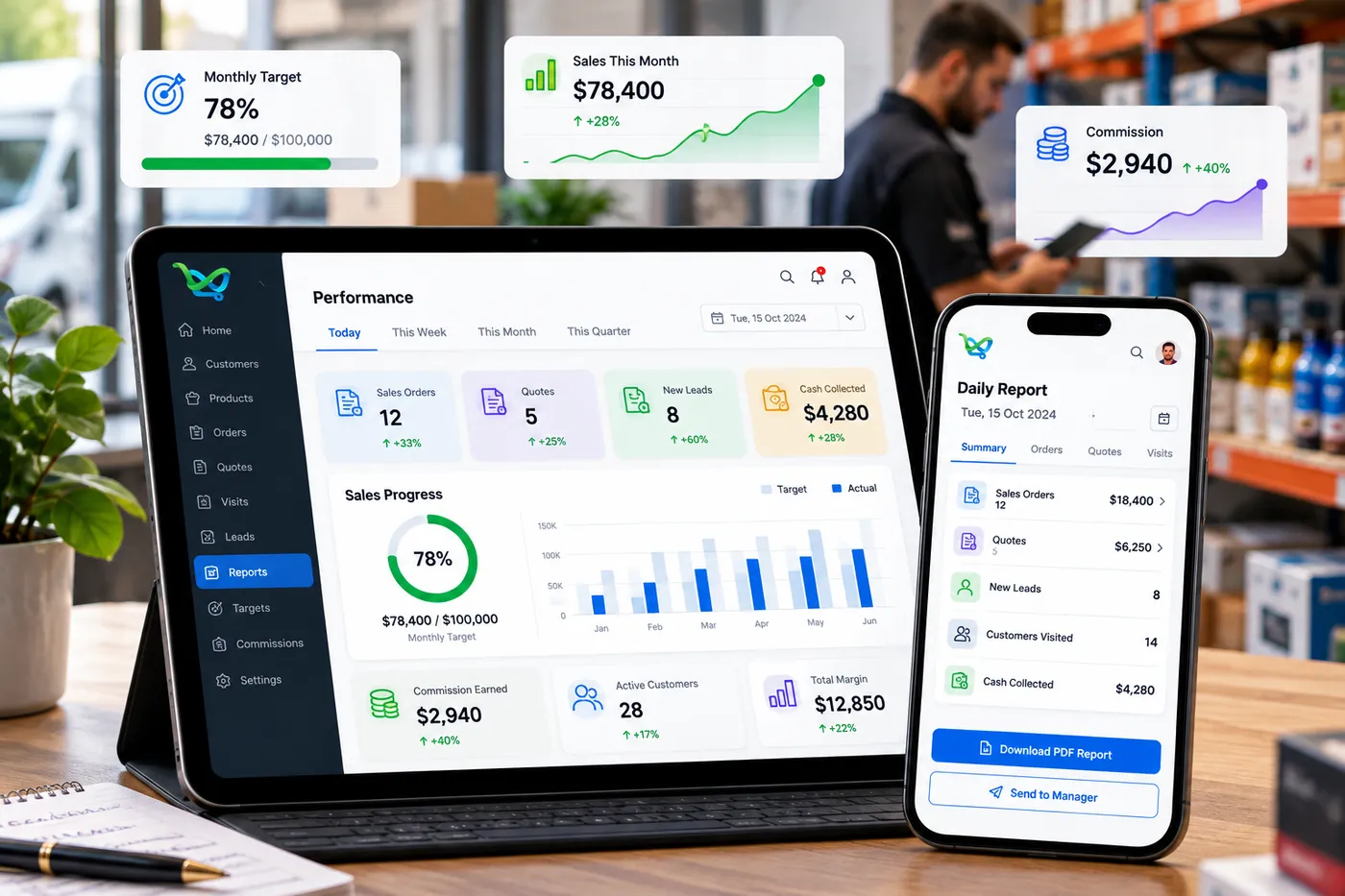 The end-of-day report in the sales rep app, showing orders taken, cash collected, quotes raised and leads added for the day, ready to send to a manager