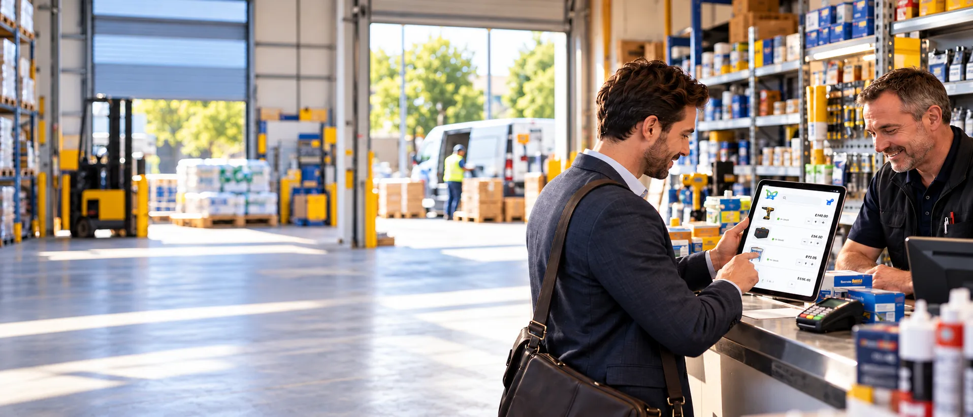 A sales rep taking an order on a tablet at a warehouse trade counter, with pallet racking and stock behind