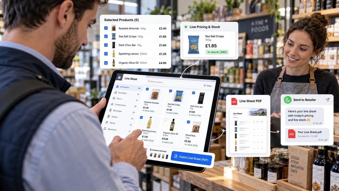 Products being ticked in the sales rep app and exported as a single PDF line sheet with live prices and stock, ready to send over WhatsApp