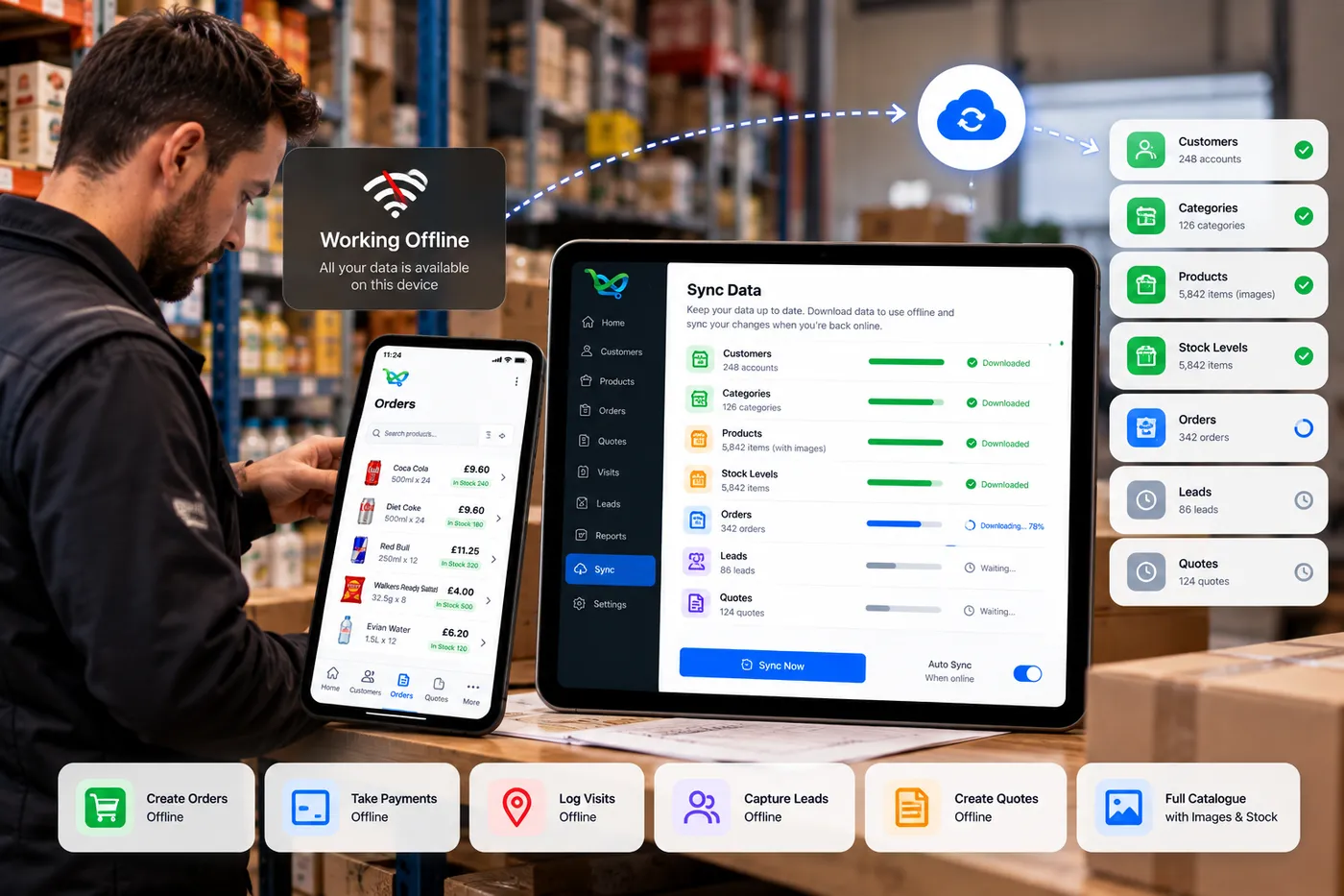 The JustSell sales rep app working with no connection, showing the catalogue, an order being built and the sync that sends the round when a signal returns