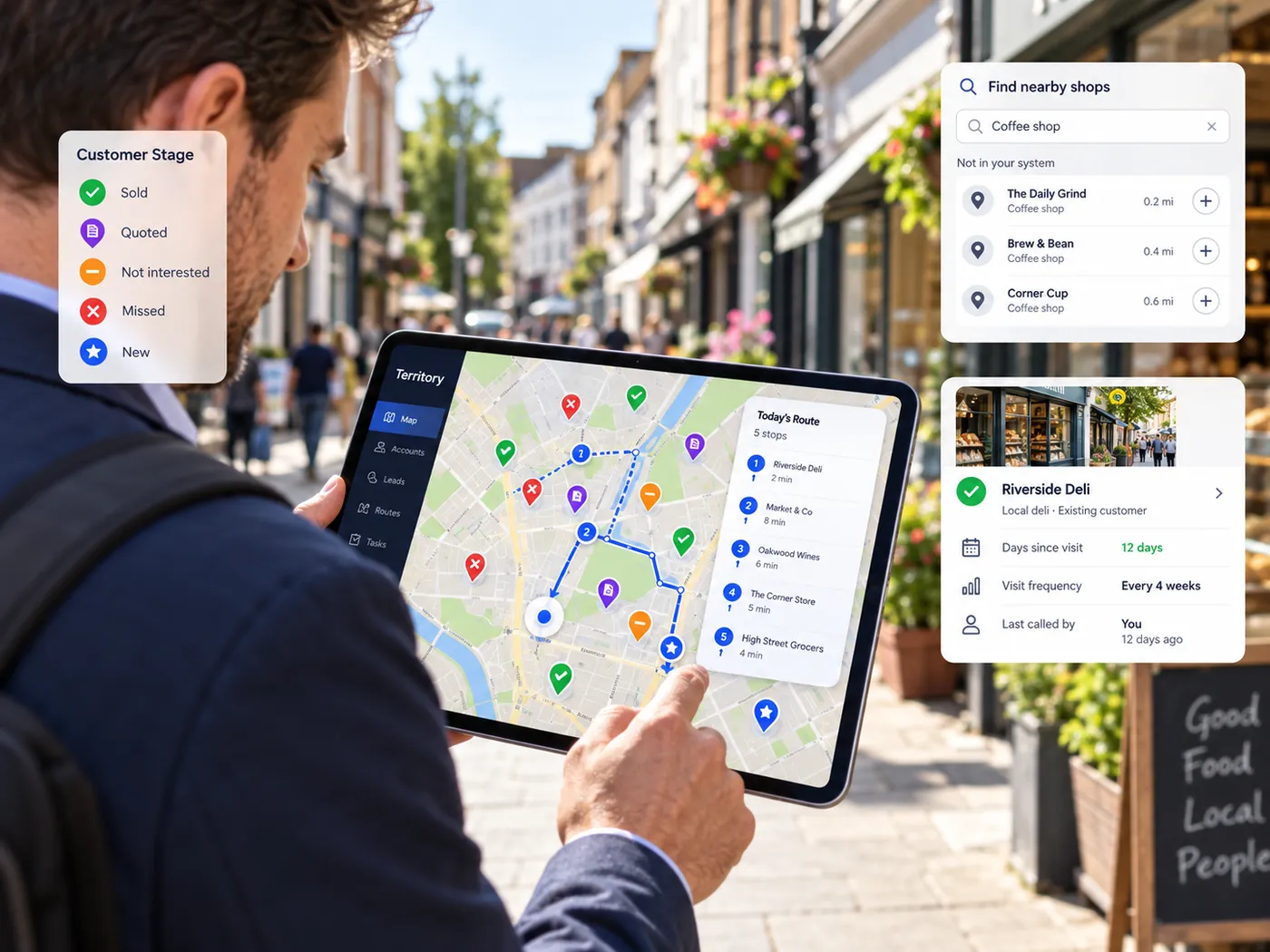 Leads and customers plotted on a high street map in the sales rep app, pins coloured by stage, with nearby accounts and the days since each was last visited