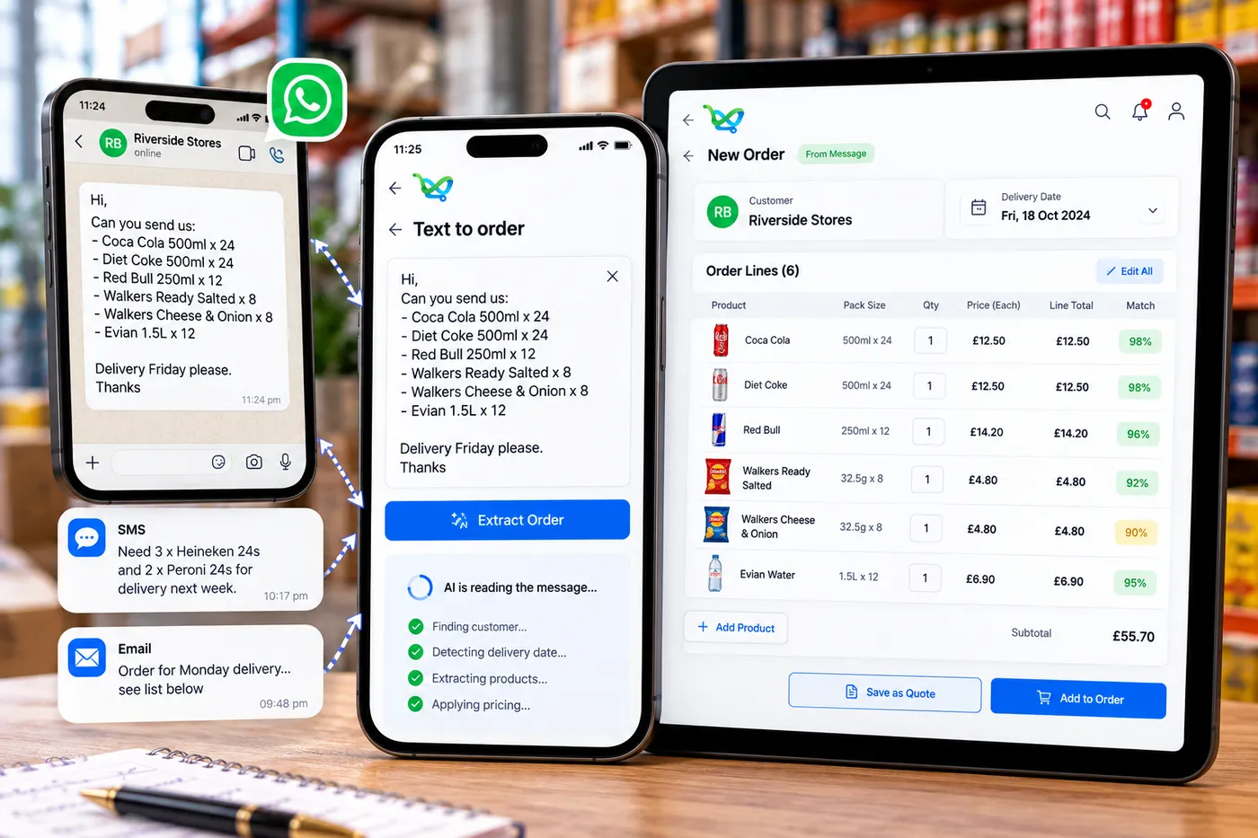 A customer message pasted into the sales rep app and turned into priced order lines, each with a match score, ready for the rep to check