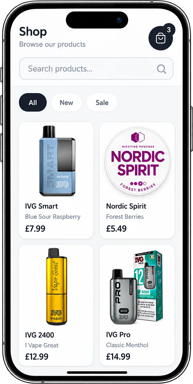 Branded JustSell shopping app for a Shopify store on a phone, showing the Shop screen with a product search, All, New and Sale filters, a three-item basket and priced products: IVG Smart Blue Sour Raspberry at GBP 7.99, Nordic Spirit Forest Berries at GBP 5.49, IVG 2400 at GBP 12.99 and IVG Pro Classic Menthol at GBP 14.99