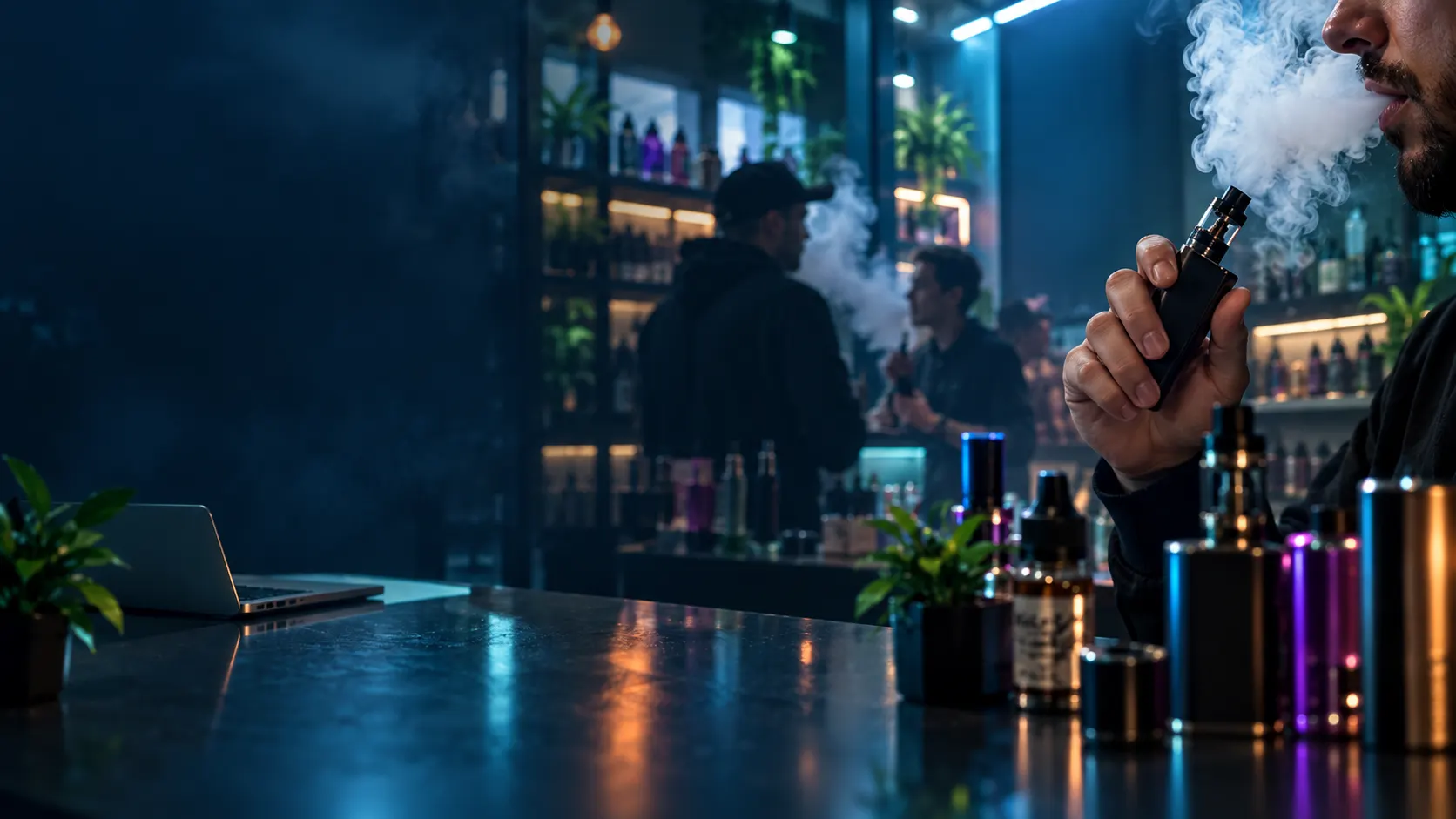 Customer vaping at the counter of a specialist vape shop, with e-liquids and devices on the shelves behind