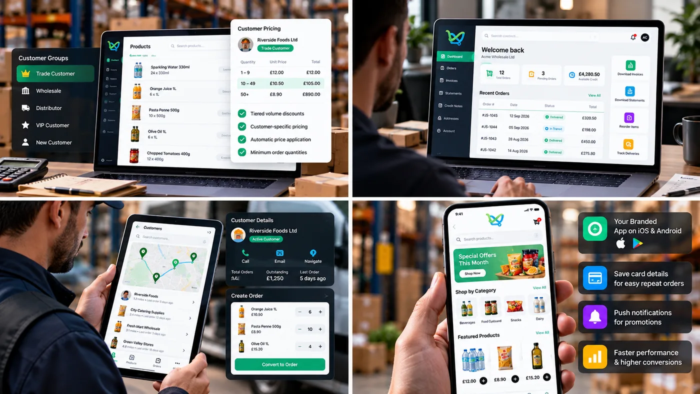 Four views of JustSell wholesale: customer groups with tiered trade pricing, a buyer's account dashboard with available credit and reorder shortcuts, the sales rep app creating an order from a customer map, and a branded ordering app on iOS and Android with special offers, saved card details and push notifications