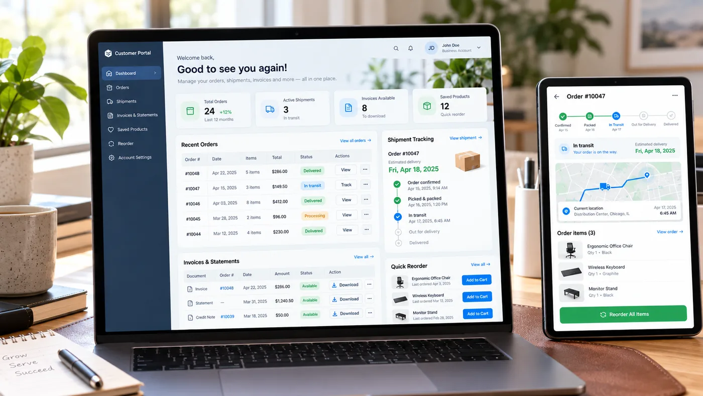 A JustSell customer portal on a laptop showing a trade buyer's dashboard with order totals, recent orders, downloadable invoices and statements, shipment tracking and quick reorder, beside a tablet tracking a single order from confirmed through to delivery with a reorder button