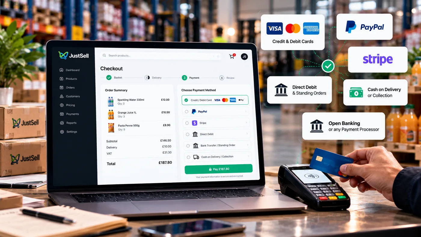 A JustSell checkout on a laptop with an order summary and a payment method list offering card, PayPal, Stripe, direct debit, bank transfer and cash on delivery or collection, surrounded by the provider marks, with a card being tapped on a terminal beside it