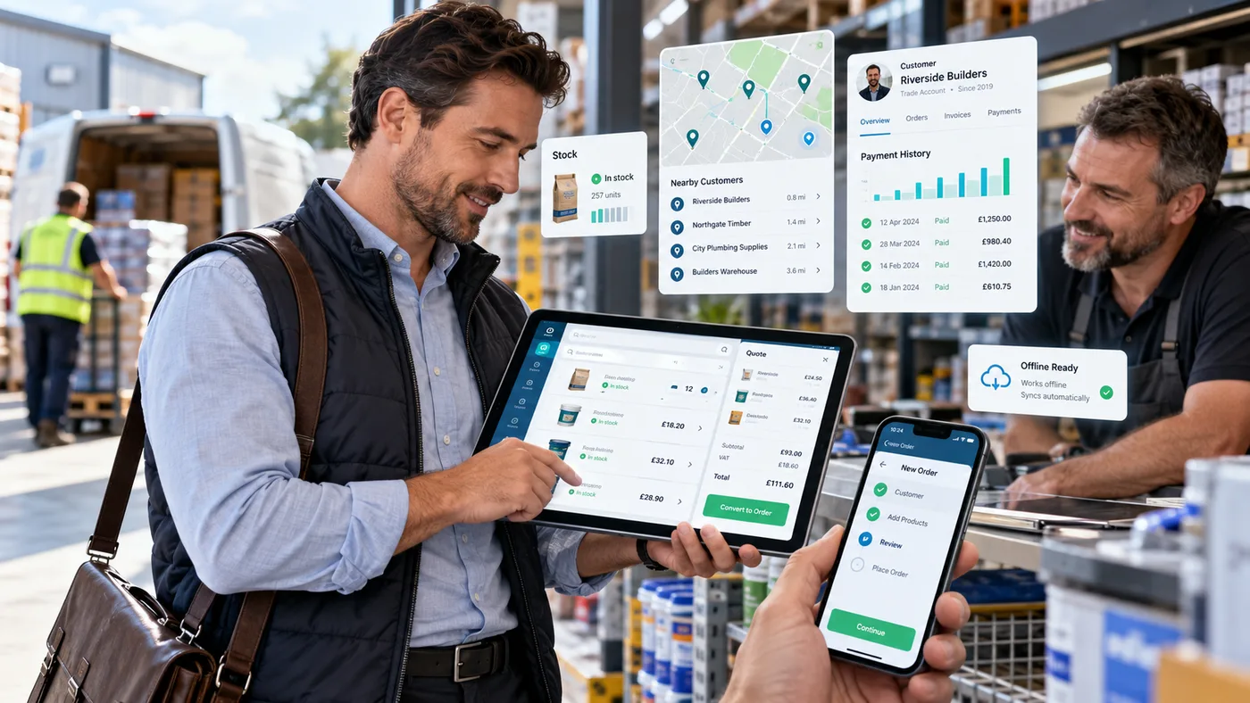 A JustSell sales rep at a trade counter building a quote on a tablet from live stock and trade prices and converting it to an order, with panels for stock on hand, nearby customers by distance, a customer's payment history and an offline-ready indicator, and a phone stepping through a new order