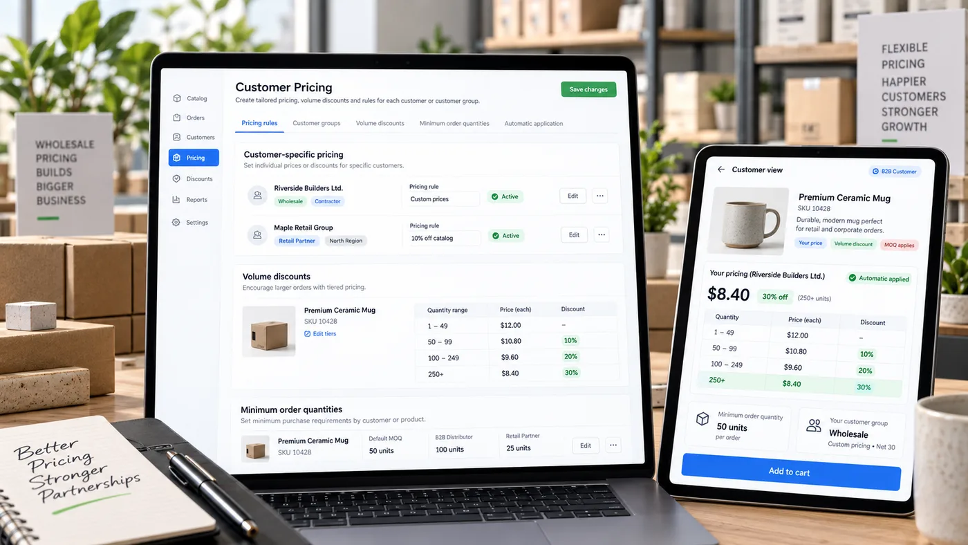 The JustSell customer pricing screen on a laptop, with per-customer pricing rules, a volume discount table and minimum order quantities by customer group, beside a tablet showing the same product in a customer's own view at their agreed price with the discount already applied