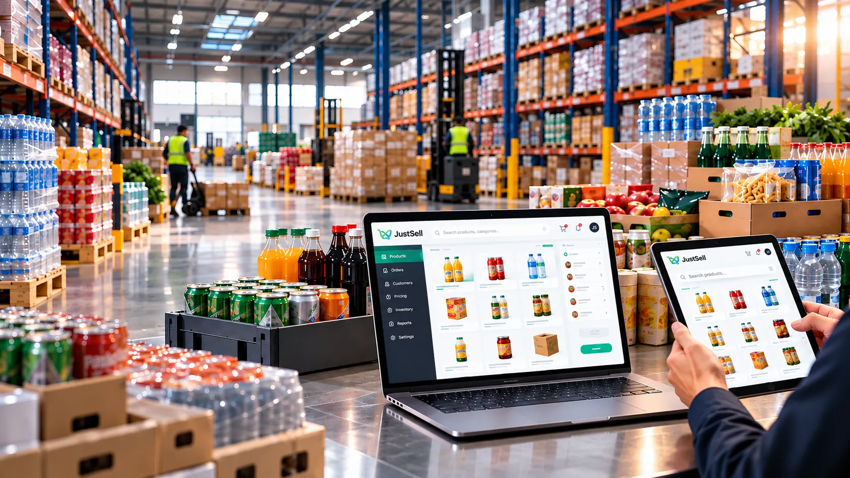 A JustSell trade portal open on a laptop and a tablet on a packing bench in a drinks wholesale warehouse, with pallets of bottles and cans racked behind